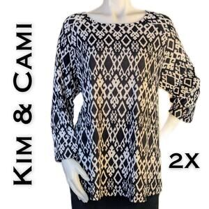 Kim & Cami Sweater 2X Black White Geometric Aztec Lightweight 3/4 Raglan Sleeve